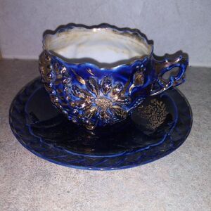 1930s Rare Cobalt Blue and Gold Demitasse Cup and Saucer Set Embossed Floral Pri